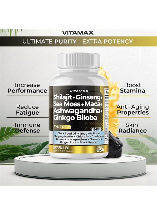 Vitamax - Pure Himalayan Shilajit Supplement 10,000mg Ashwagandha 6,000mg Sea Moss 2,000mg Rhodiola Rosea 1000MG Gingko Biloba 500mg Trace Mineral Capsules - Men and Women – Made in USA (60 Count (Pack of 1)) - Image 1