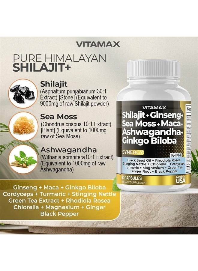 Vitamax - Pure Himalayan Shilajit Supplement 10,000mg Ashwagandha 6,000mg Sea Moss 2,000mg Rhodiola Rosea 1000MG Gingko Biloba 500mg Trace Mineral Capsules - Men and Women – Made in USA (60 Count (Pack of 1)) - Image 1