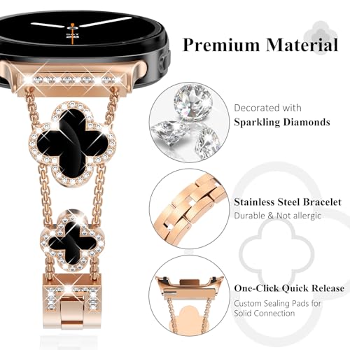WINGLE Compatible for Galaxy Watch 8 Band Samsung Galaxy Watch 8 Classic Band 40mm 44mm 46mm, Four/4 Leaf Clover Bling Sparkling Diamond Rhinestone Bracelet Women Galaxy Watch8 Bands Rose Gold/Black - Image 3