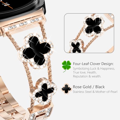 WINGLE Compatible for Galaxy Watch 8 Band Samsung Galaxy Watch 8 Classic Band 40mm 44mm 46mm, Four/4 Leaf Clover Bling Sparkling Diamond Rhinestone Bracelet Women Galaxy Watch8 Bands Rose Gold/Black - Image 4
