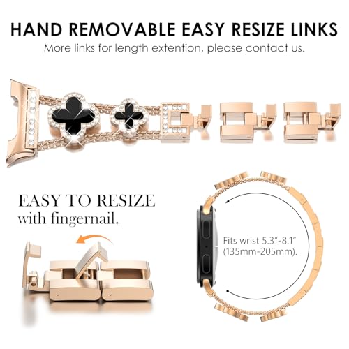 WINGLE Compatible for Galaxy Watch 8 Band Samsung Galaxy Watch 8 Classic Band 40mm 44mm 46mm, Four/4 Leaf Clover Bling Sparkling Diamond Rhinestone Bracelet Women Galaxy Watch8 Bands Rose Gold/Black - Image 5