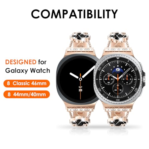 WINGLE Compatible for Galaxy Watch 8 Band Samsung Galaxy Watch 8 Classic Band 40mm 44mm 46mm, Four/4 Leaf Clover Bling Sparkling Diamond Rhinestone Bracelet Women Galaxy Watch8 Bands Rose Gold/Black - Image 2
