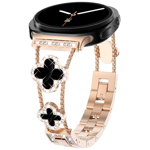 WINGLE Compatible for Galaxy Watch 8 Band Samsung Galaxy Watch 8 Classic Band 40mm 44mm 46mm, Four/4 Leaf Clover Bling Sparkling Diamond Rhinestone Bracelet Women Galaxy Watch8 Bands Rose Gold/Black - Image 1