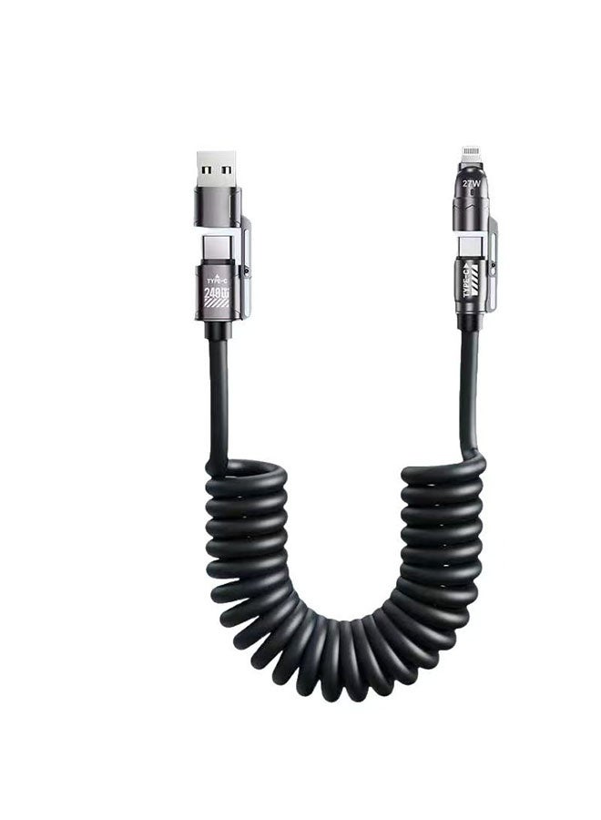 4-in-1 Coiled 240W Rapid Charging Cable - Super Fast 240W Spring Data Cord with USB-C, USB-A, Micro USB Connectors, Durable Tangle-Free 2 Meter Extended Charging Cable - Image 1