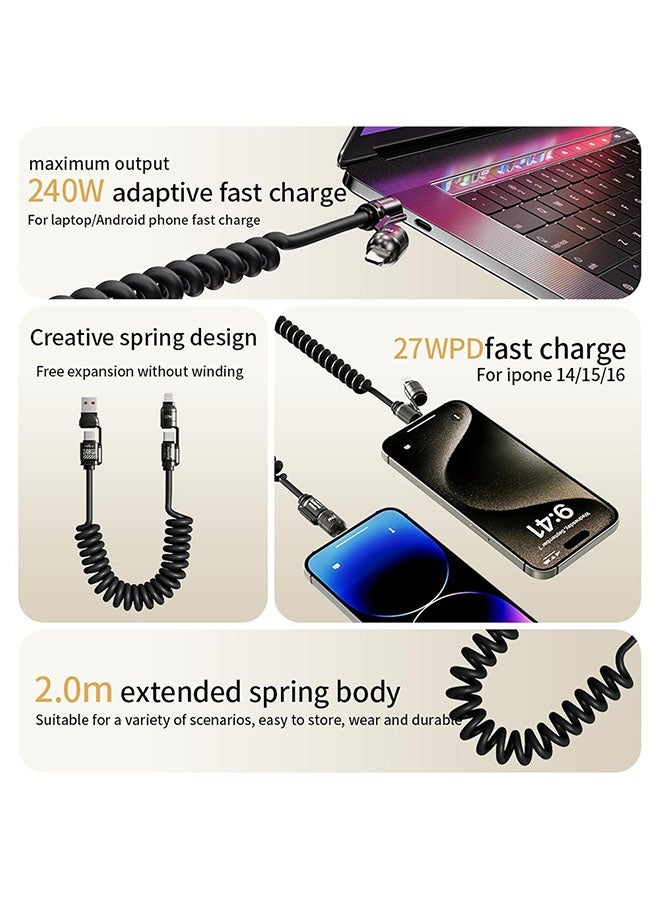 4-in-1 Coiled 240W Rapid Charging Cable - Super Fast 240W Spring Data Cord with USB-C, USB-A, Micro USB Connectors, Durable Tangle-Free 2 Meter Extended Charging Cable - Image 4