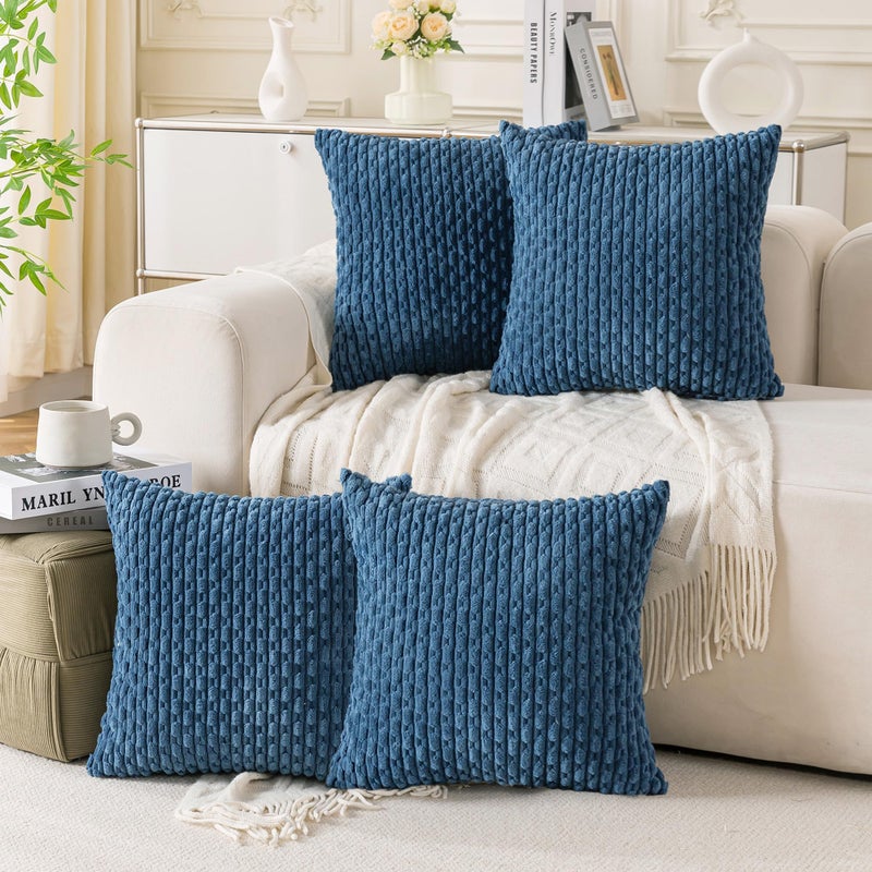 Cozoomy Set of 4 Blue Decorative Pillow Covers 20x20 Inch Corduroy Throw Pillow Covers for Bed Couch Sofa Living Room Soft Cushion Cases - Image 1