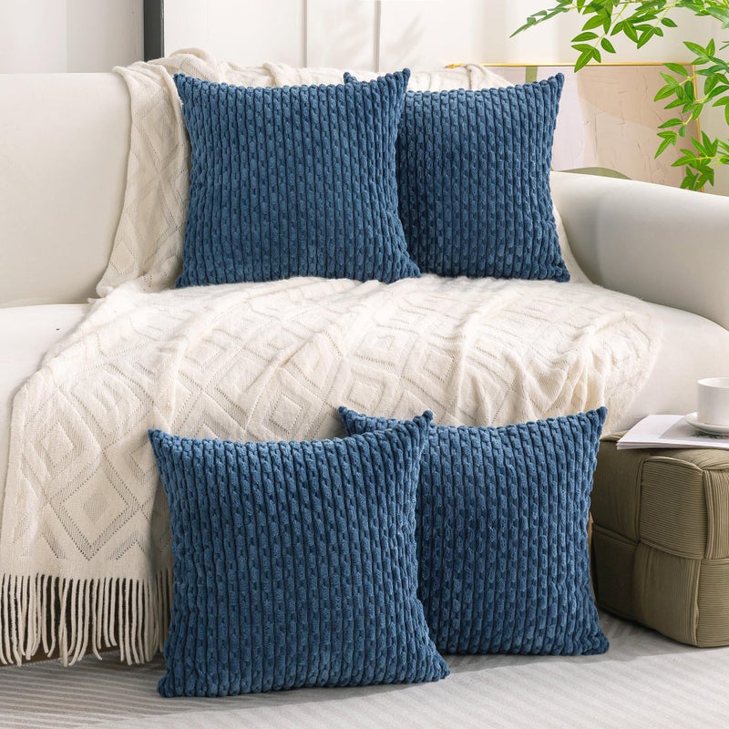 Cozoomy Set of 4 Blue Decorative Pillow Covers 20x20 Inch Corduroy Throw Pillow Covers for Bed Couch Sofa Living Room Soft Cushion Cases - Image 2