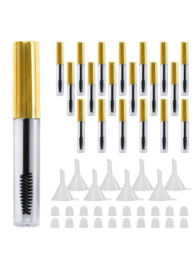 Comicfs 20 Pcs 4ml Transparent Reusable Empty Bottle Tube Container Makeup Vials Cosmetic Tool for Eyelash Growth Oil/Mascara with Rubber Inserts 8 Pcs Funnels (Gold) - Image 1