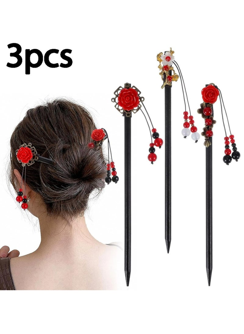 3 Pieces Chinese Hair Stick Japanese Retro Wooden Hairpin Flower Hair Chopsticks Handmade Classic Geisha Hair Accessories Clips for Long Hair - Image 1