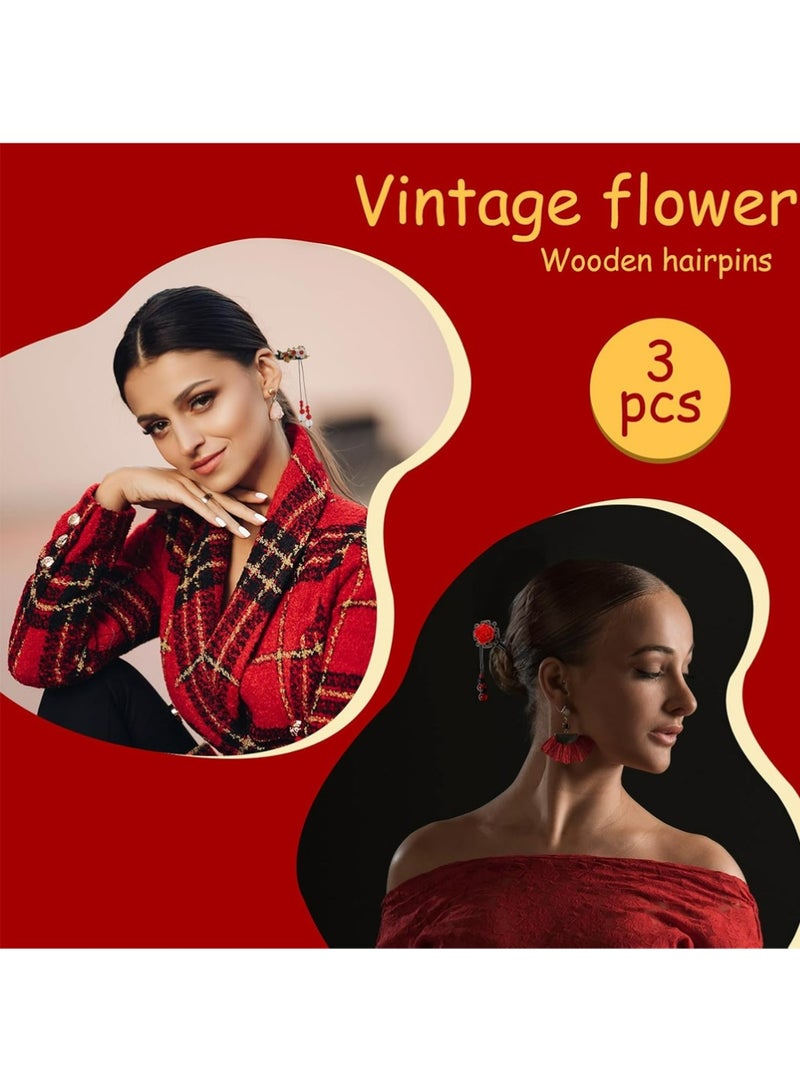 3 Pieces Chinese Hair Stick Japanese Retro Wooden Hairpin Flower Hair Chopsticks Handmade Classic Geisha Hair Accessories Clips for Long Hair - Image 4