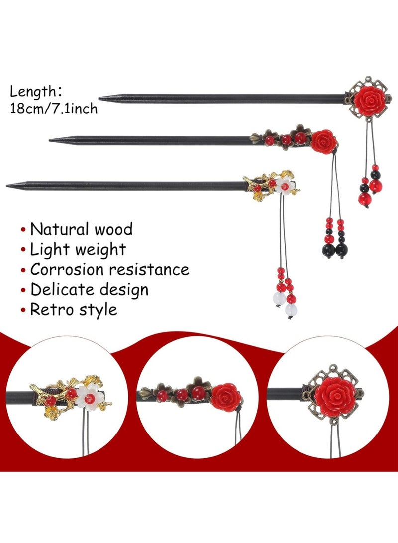 3 Pieces Chinese Hair Stick Japanese Retro Wooden Hairpin Flower Hair Chopsticks Handmade Classic Geisha Hair Accessories Clips for Long Hair - Image 3