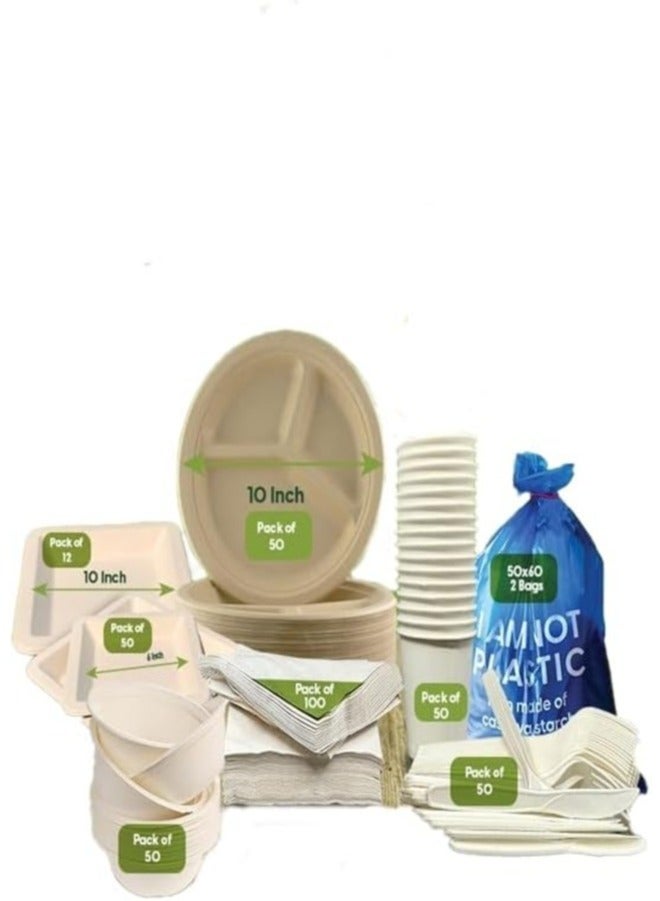 ECOWAY ecoway Disposable Dinner Set Specially For Ramadan Biodegradable Ecofreindly Sugar Cane Plate, Paper Bowls, Cups, Cutlery Set, Garbage Bag and Tissue For 50 Pepole - Image 1