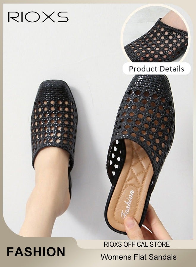 RIOXS Women's Flat Sandals,Hollow Square Toe Slippers,Casual Mary Jane Shoes For Summer,Fashion Mesh Mule Flats,Daily Dress Shoes For Women Ladies,Work Shopping Stroll Shoes  - Image 3