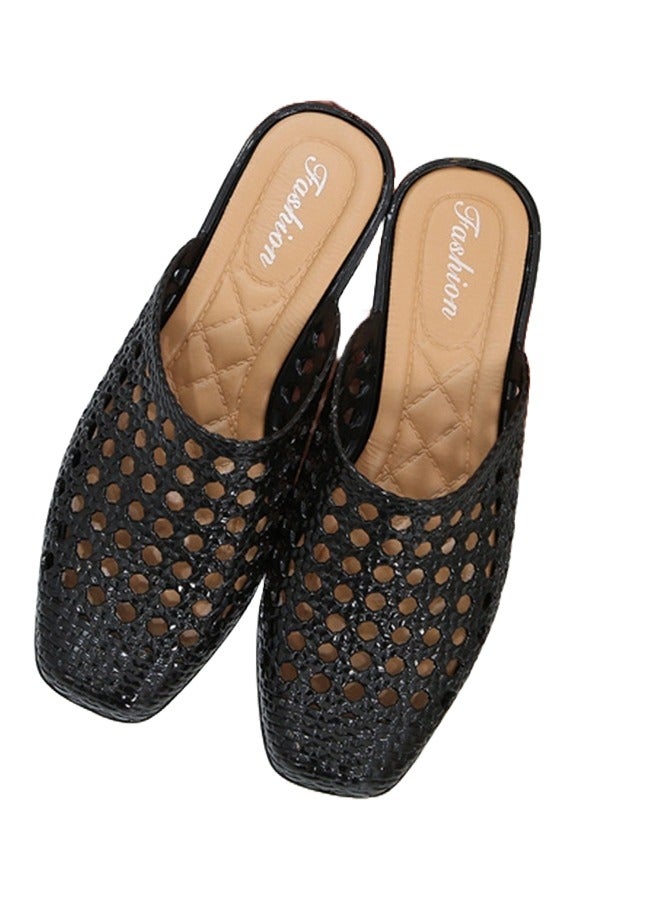 RIOXS Women's Flat Sandals,Hollow Square Toe Slippers,Casual Mary Jane Shoes For Summer,Fashion Mesh Mule Flats,Daily Dress Shoes For Women Ladies,Work Shopping Stroll Shoes  - Image 1
