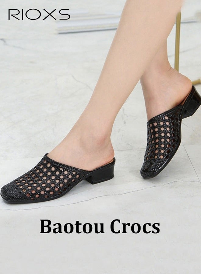 RIOXS Women's Flat Sandals,Hollow Square Toe Slippers,Casual Mary Jane Shoes For Summer,Fashion Mesh Mule Flats,Daily Dress Shoes For Women Ladies,Work Shopping Stroll Shoes - Image 1