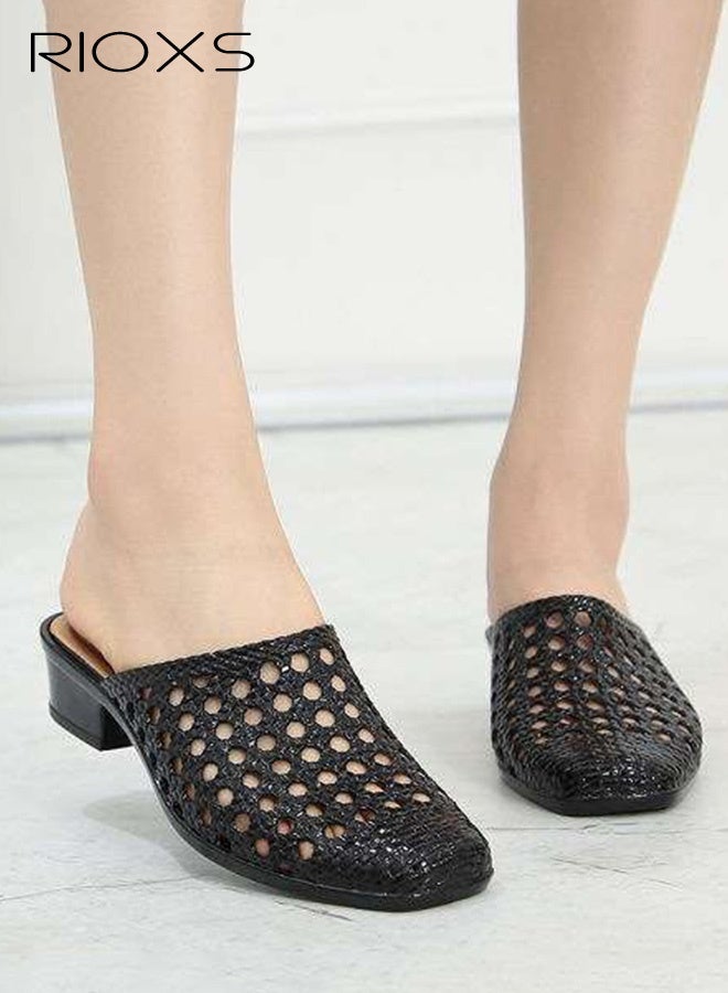 RIOXS Women's Flat Sandals,Hollow Square Toe Slippers,Casual Mary Jane Shoes For Summer,Fashion Mesh Mule Flats,Daily Dress Shoes For Women Ladies,Work Shopping Stroll Shoes - Image 2