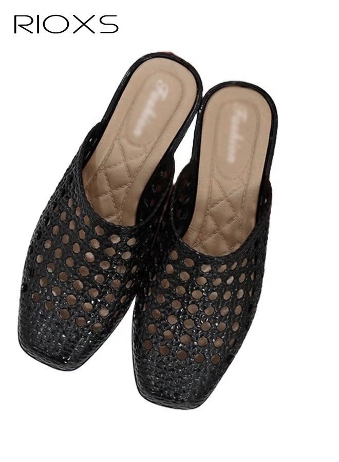 RIOXS Women's Flat Sandals,Hollow Square Toe Slippers,Casual Mary Jane Shoes For Summer,Fashion Mesh Mule Flats,Daily Dress Shoes For Women Ladies,Work Shopping Stroll Shoes - Image 3