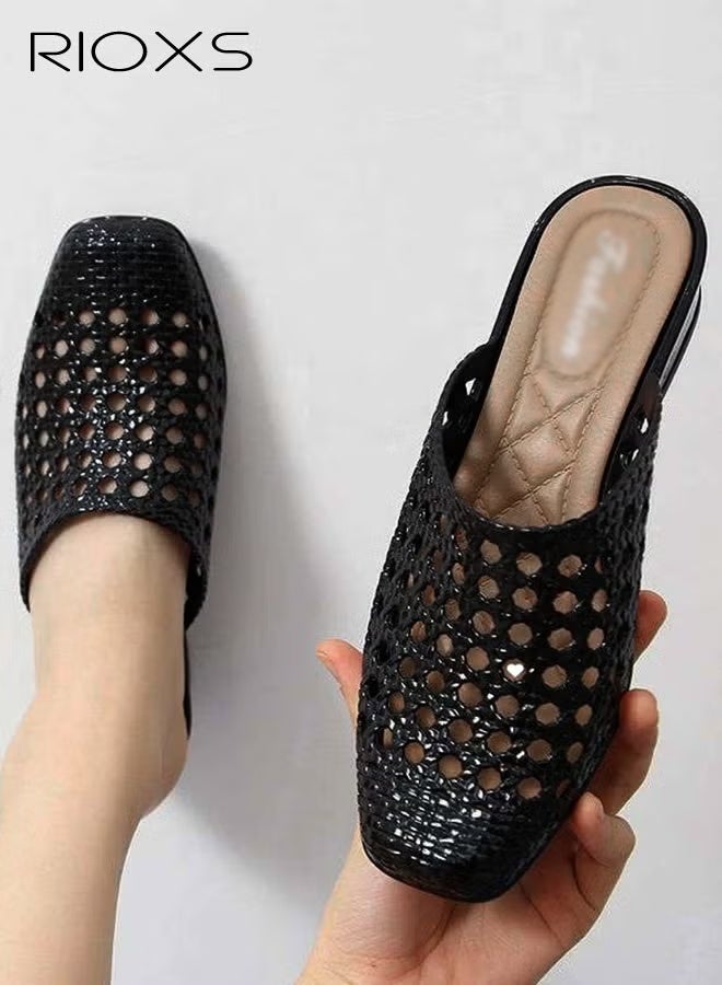 RIOXS Women's Flat Sandals,Hollow Square Toe Slippers,Casual Mary Jane Shoes For Summer,Fashion Mesh Mule Flats,Daily Dress Shoes For Women Ladies,Work Shopping Stroll Shoes - Image 4