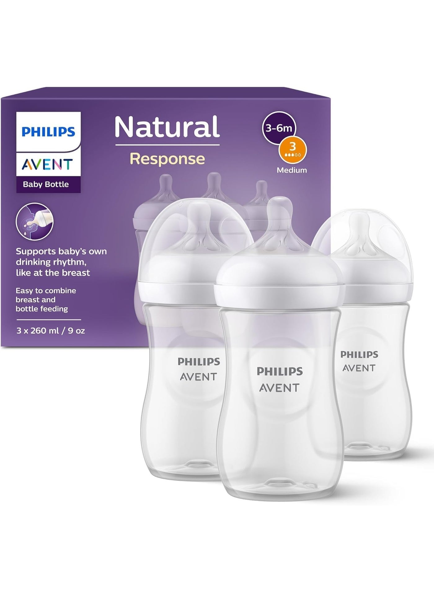 Avent Philips Avent Natural Response Baby Bottle - 3 x 260ml Baby Milk Bottle for Newborns and Up, BPA Free, 1+ Months (Model SCY903/03)