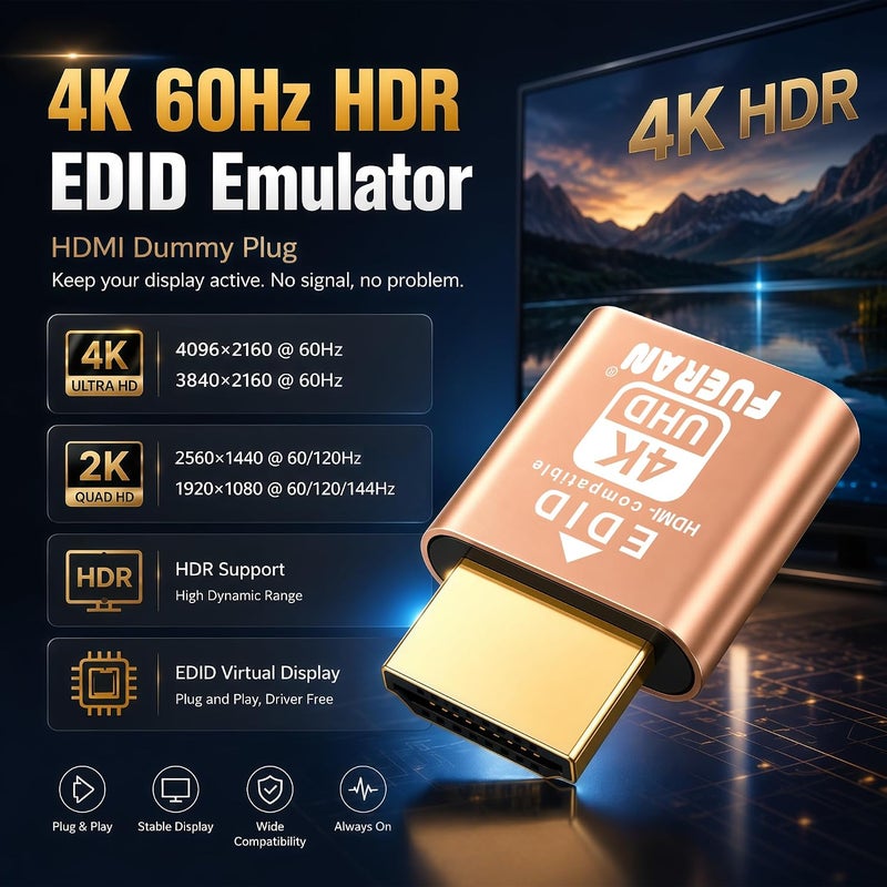 فييران قابس وهمي Headless Ghost Display Emulator DDC EDID Emulator شاشة مزيفة متوافقة مع HDMI 4K@60Hz - عبوة من 3 - Image 2