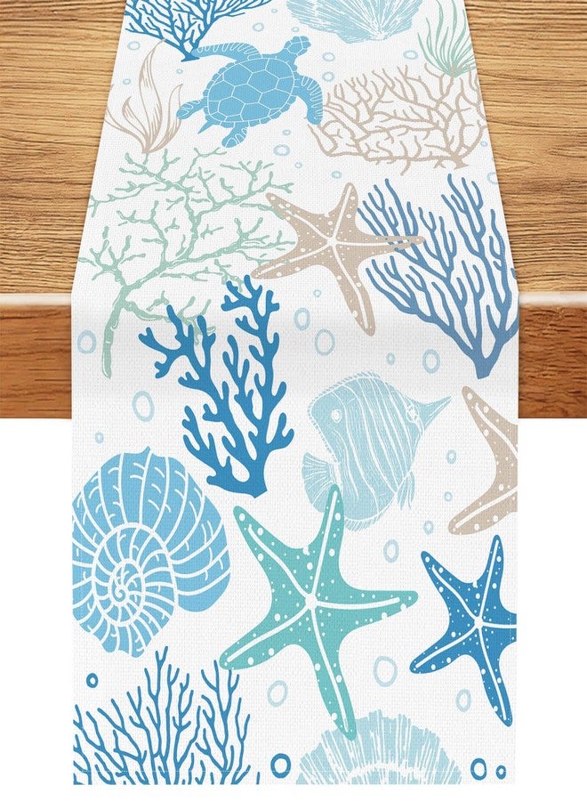 Feivando Summer Coastal Table Runner 13x72 Inch Blue Ocean Starfish Coral Table Decoration for Holiday Home Kitchen Dining Table Party Decor - Image 1