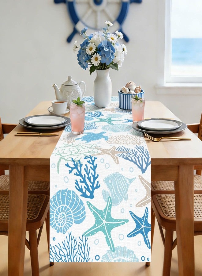 Feivando Summer Coastal Table Runner 13x72 Inch Blue Ocean Starfish Coral Table Decoration for Holiday Home Kitchen Dining Table Party Decor - Image 4