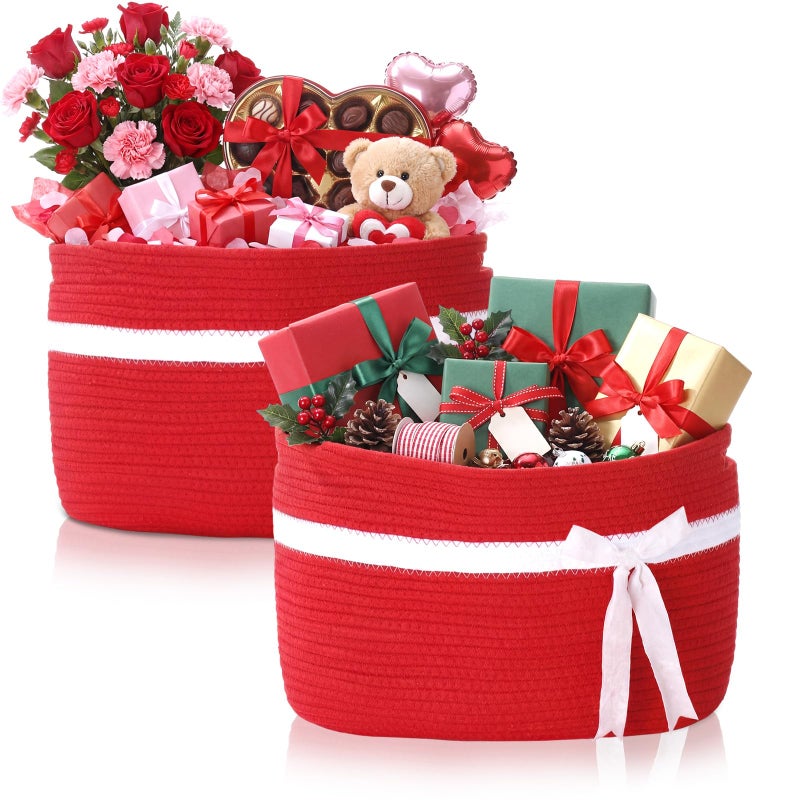 Willinglong 2 Pack Large Woven Baskets for Storage with Handle, Cotton Rope Organizer with Velvet Bow, Decorative Basket for Nursery, Home Decor, Closet & Gift Basket, 15 x 10 x 9 Inch (Red) - Image 1