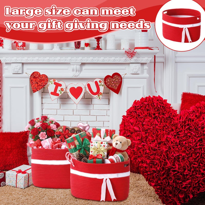 Willinglong 2 Pack Large Woven Baskets for Storage with Handle, Cotton Rope Organizer with Velvet Bow, Decorative Basket for Nursery, Home Decor, Closet & Gift Basket, 15 x 10 x 9 Inch (Red) - Image 3