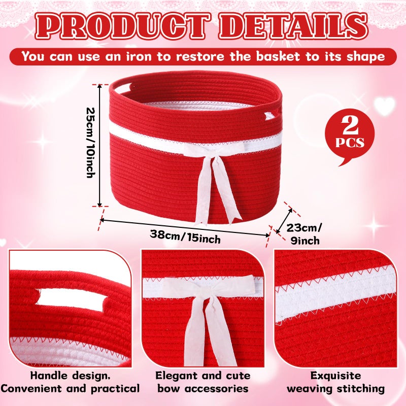 Willinglong 2 Pack Large Woven Baskets for Storage with Handle, Cotton Rope Organizer with Velvet Bow, Decorative Basket for Nursery, Home Decor, Closet & Gift Basket, 15 x 10 x 9 Inch (Red) - Image 2