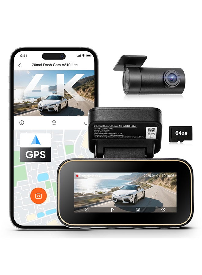 70 ماي كاميرا داش 70mai A810 لايت، 4K أمامية و 1080P خلفية، رؤية ليلية، مكثف فائق، بطاقة SD سعة 64GB مرفقة، GPS، شاشة IPS بحجم 3.18 بوصة، وضع وقوف السيارات 24 ساعة (اختياري) - Image 1