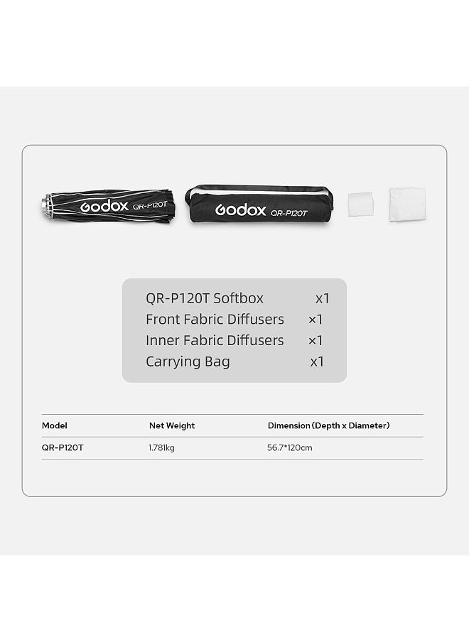 Godox - QR-P120T 120cm/47.2in Quick Release Parabolic Softbox Professional Foldable Softbox with Standard Bowen Mount & Diffusers for Photography Studio Photography Portrait Live Stream - Image 1