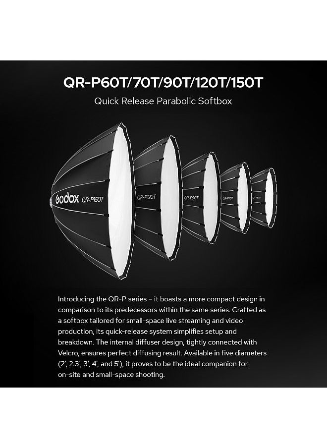 Godox - QR-P120T 120cm/47.2in Quick Release Parabolic Softbox Professional Foldable Softbox with Standard Bowen Mount & Diffusers for Photography Studio Photography Portrait Live Stream - Image 1