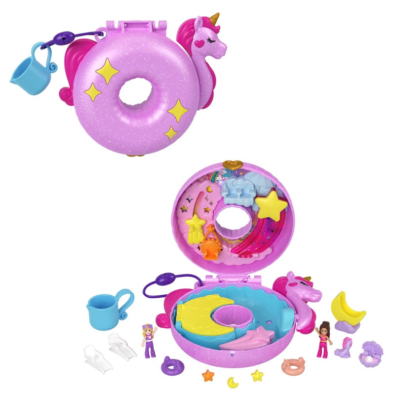 Polly Pocket Sparkle Cove Adventure Unicorn Floatie Compact Playset with 2 Micro Dolls  12 Accessories Including 2 with Color Change - Image 2