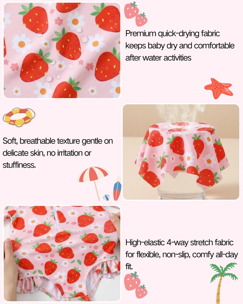 Yhnslsf Baby Girl Swimsuit 6-9 Months Infant Baby Girl Bathing Suit 9-12 Months Strawberry Pink Long Sleeve One-Piece Zipper Baby Rash Guard Ruffle Swim Suit with Hat Summer Beach Essentials Swimwear - Image 5