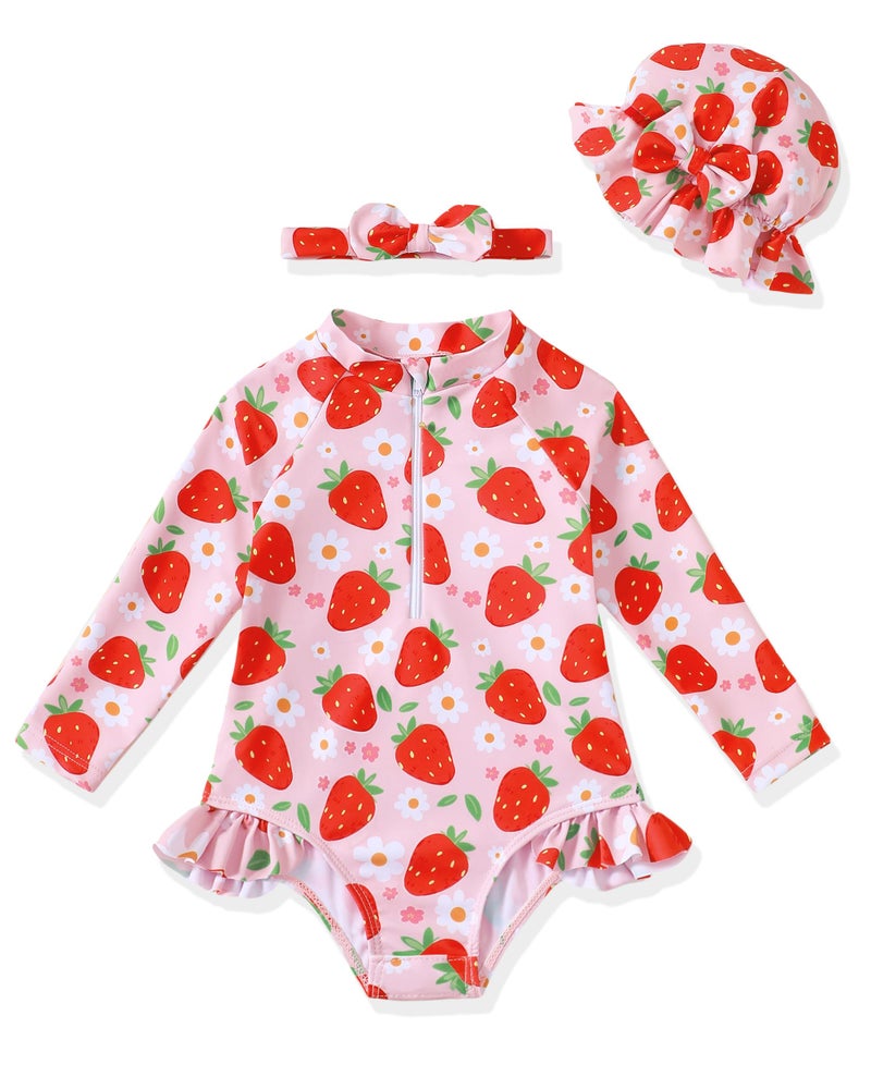 Yhnslsf Baby Girl Swimsuit 6-9 Months Infant Baby Girl Bathing Suit 9-12 Months Strawberry Pink Long Sleeve One-Piece Zipper Baby Rash Guard Ruffle Swim Suit with Hat Summer Beach Essentials Swimwear - Image 1