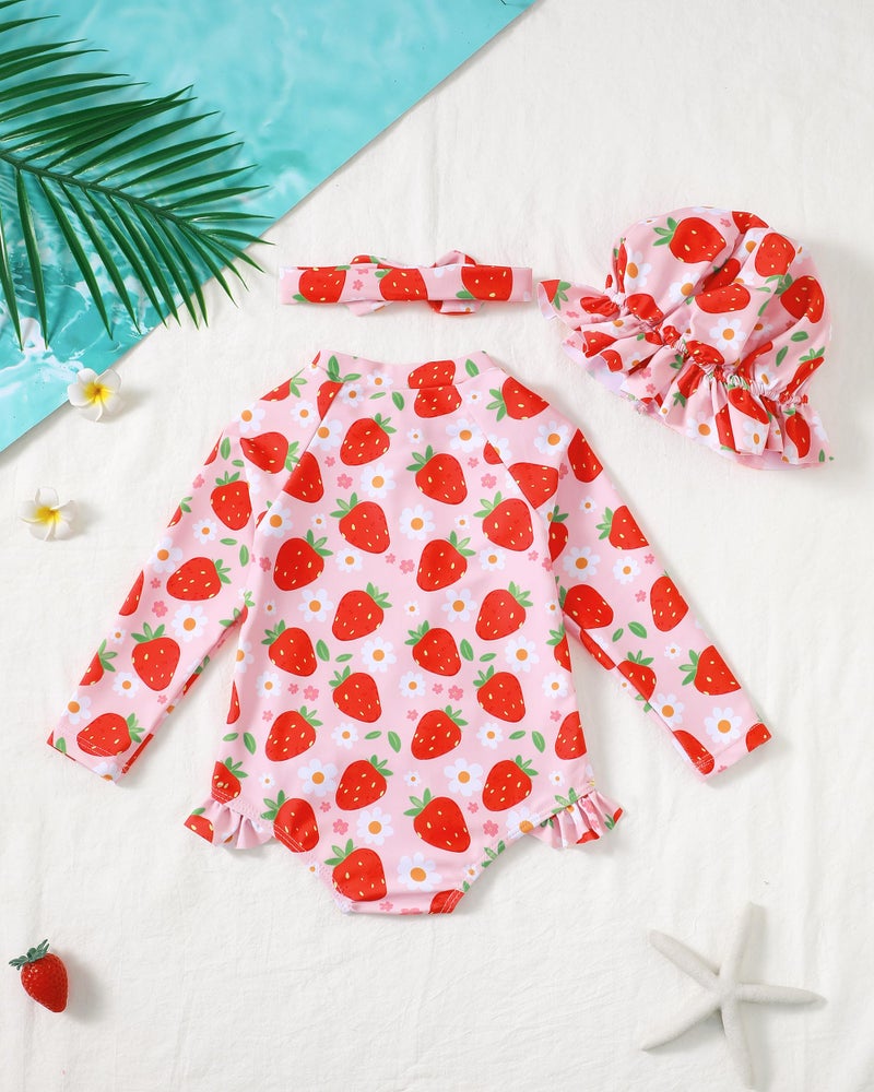 Yhnslsf Baby Girl Swimsuit 6-9 Months Infant Baby Girl Bathing Suit 9-12 Months Strawberry Pink Long Sleeve One-Piece Zipper Baby Rash Guard Ruffle Swim Suit with Hat Summer Beach Essentials Swimwear - Image 3