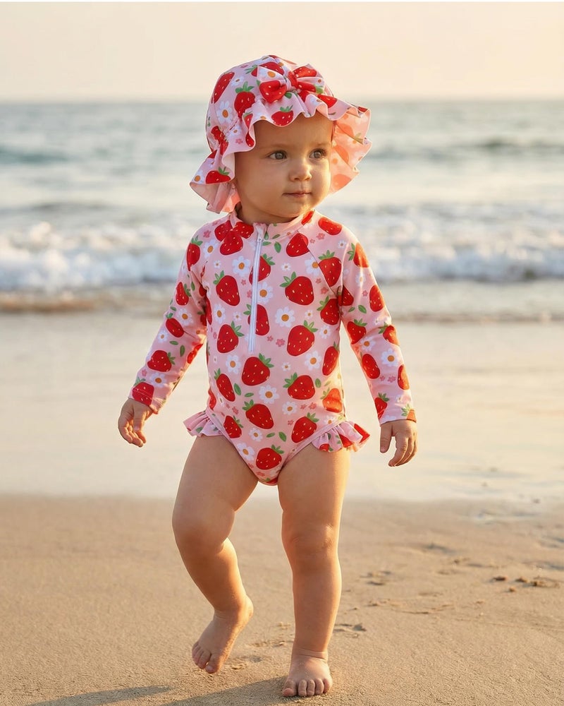 Yhnslsf Baby Girl Swimsuit 6-9 Months Infant Baby Girl Bathing Suit 9-12 Months Strawberry Pink Long Sleeve One-Piece Zipper Baby Rash Guard Ruffle Swim Suit with Hat Summer Beach Essentials Swimwear - Image 2