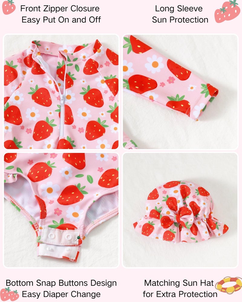 Yhnslsf Baby Girl Swimsuit 6-9 Months Infant Baby Girl Bathing Suit 9-12 Months Strawberry Pink Long Sleeve One-Piece Zipper Baby Rash Guard Ruffle Swim Suit with Hat Summer Beach Essentials Swimwear - Image 4