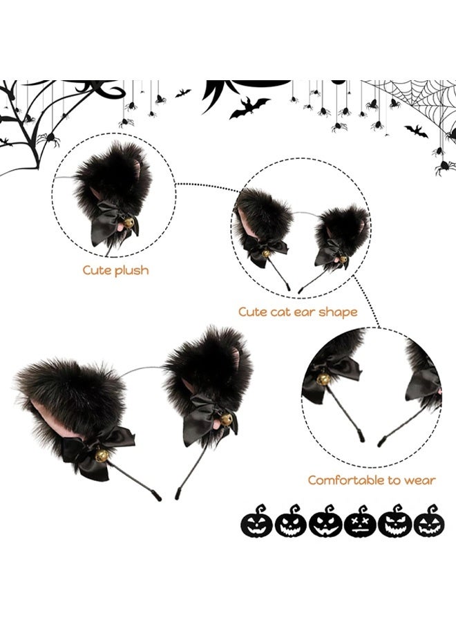 Cat Ears Headband with Bell Cute Fuffy Cat Ears Headbands for Women Halloween Party Cosplay Animal Costume Hair Accessories 1Pcs (Black) - Image 3