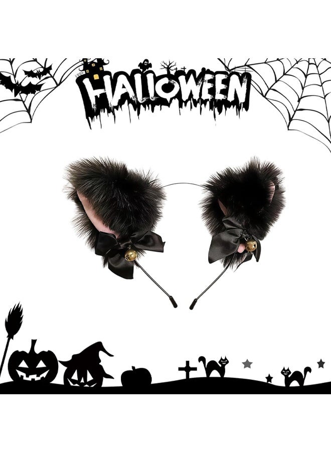 Cat Ears Headband with Bell Cute Fuffy Cat Ears Headbands for Women Halloween Party Cosplay Animal Costume Hair Accessories 1Pcs (Black) - Image 2