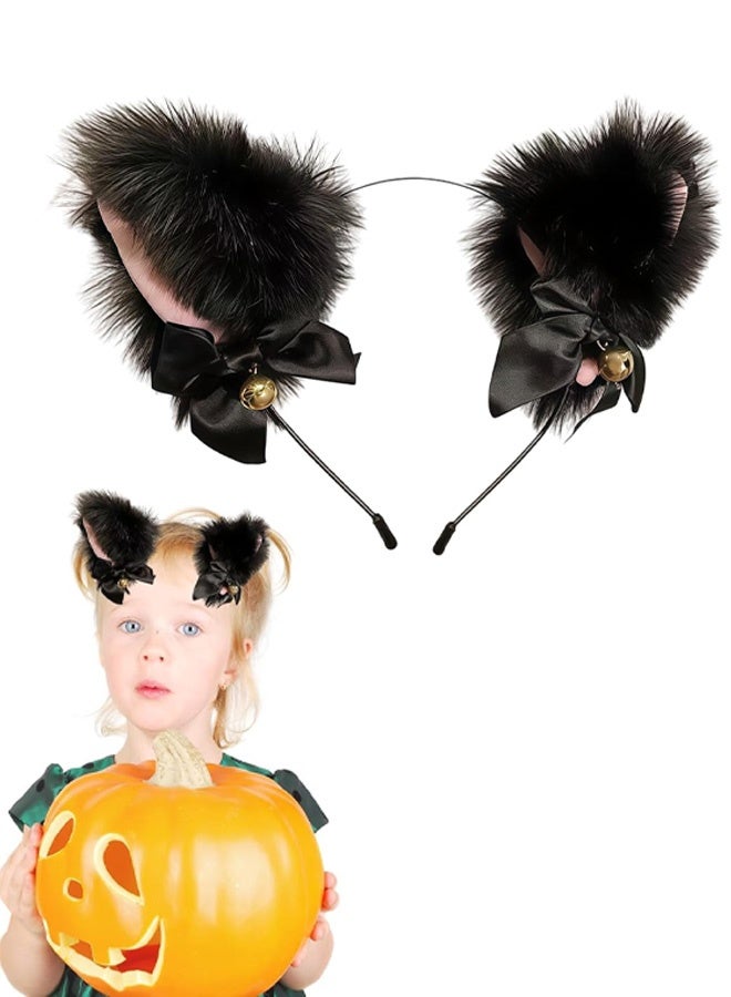 Cat Ears Headband with Bell Cute Fuffy Cat Ears Headbands for Women Halloween Party Cosplay Animal Costume Hair Accessories 1Pcs (Black) - Image 1