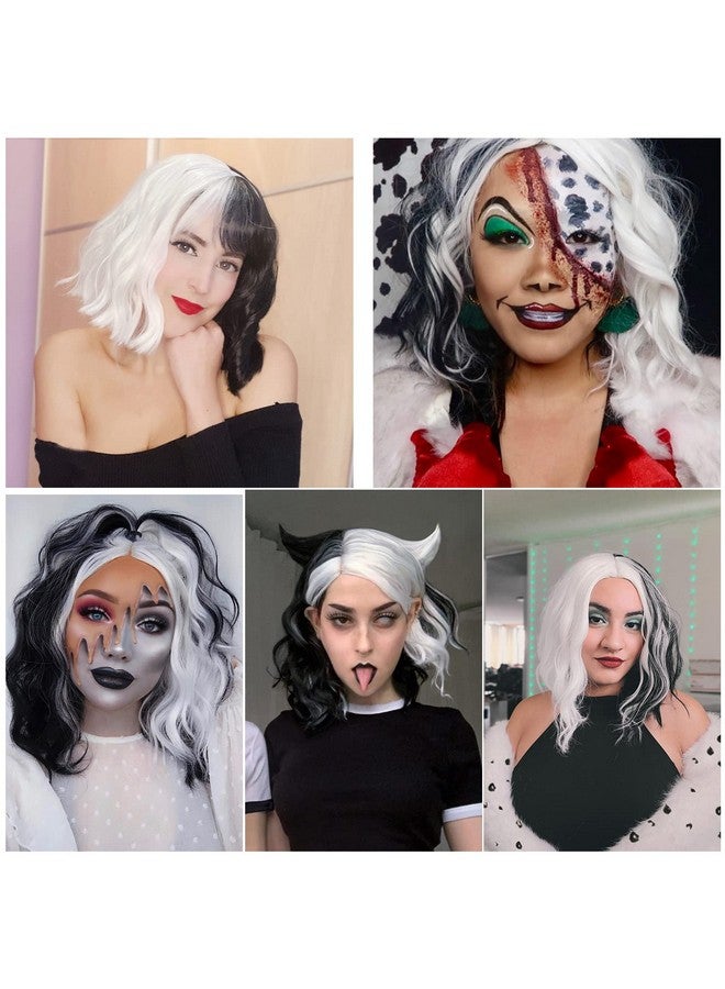 Aicos Short Black And White Costume Wig For Women Halloween Spooky Curly Wig Daily Dress Carnival Party Masquerade Anime Cosplay Wig +Wig Cap - Image 2