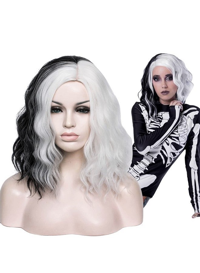 Aicos Short Black And White Costume Wig For Women Halloween Spooky Curly Wig Daily Dress Carnival Party Masquerade Anime Cosplay Wig +Wig Cap - Image 1