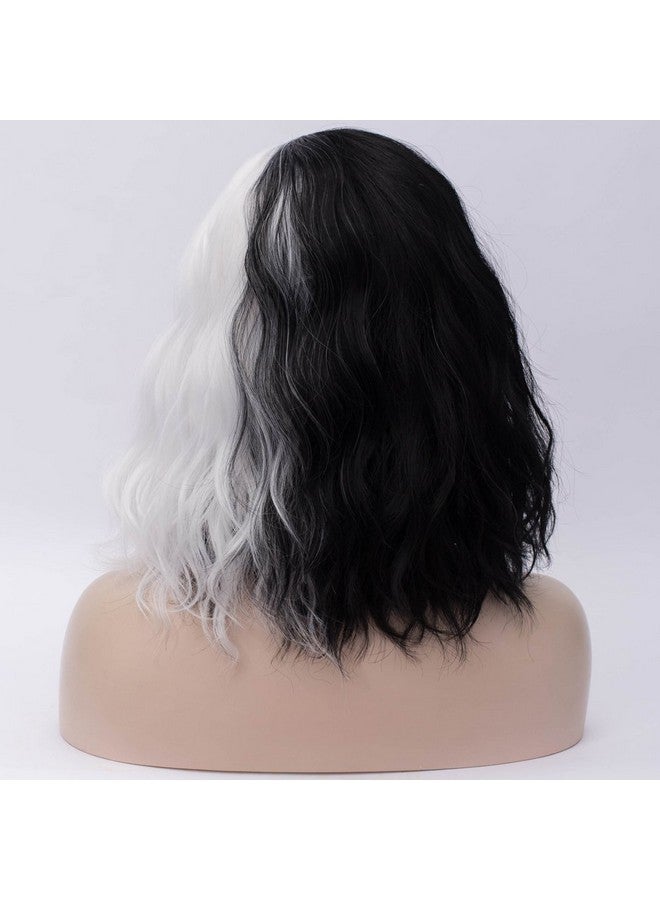 Aicos Short Black And White Costume Wig For Women Halloween Spooky Curly Wig Daily Dress Carnival Party Masquerade Anime Cosplay Wig +Wig Cap - Image 3