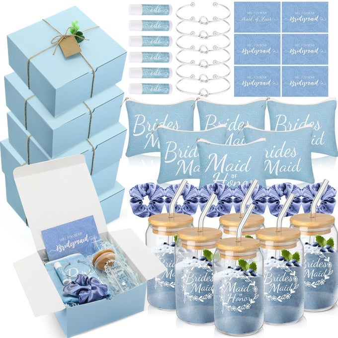 54 PCS BRIDESMAID PROPOSAL GIFTS MAID OF HONOR GIFT INCLUDE WEDDING GIFT BOX MAKEUP BAG INVITED CARD GLASS CUP LIP BALM SCRUNCHIE BRACELET FOR BRIDAL SHOWER BACHELORETTE PARTYBLUE
