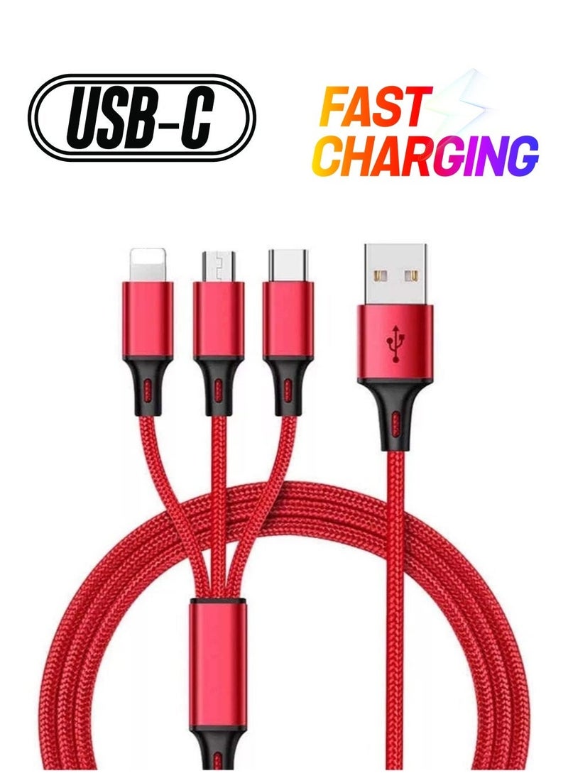 Multi USB Charger Cable, 3 in 1 Nylon Braided Multiple USB Fast Charging Cable Port Connectors Compatible with Cell Phones Tablets Universal Use - 4.1ft (1.25 Meters) - Red - Image 1