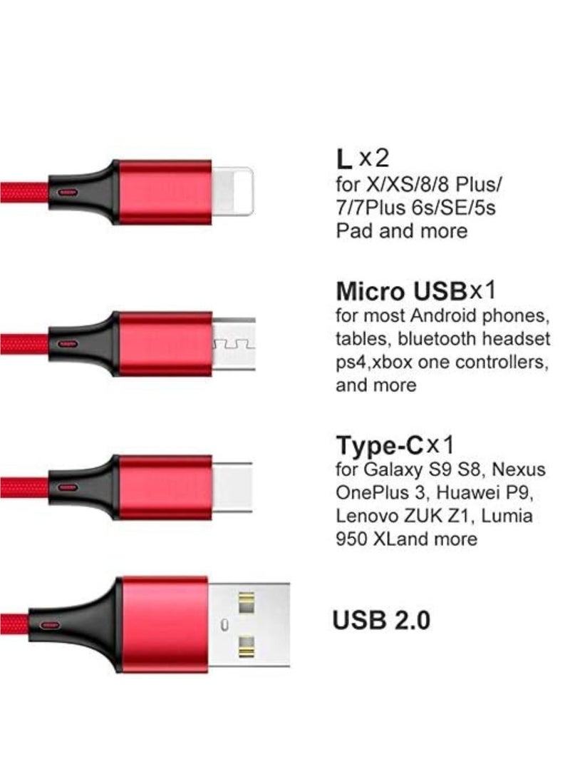Multi USB Charger Cable, 3 in 1 Nylon Braided Multiple USB Fast Charging Cable Port Connectors Compatible with Cell Phones Tablets Universal Use - 4.1ft (1.25 Meters) - Red - Image 4