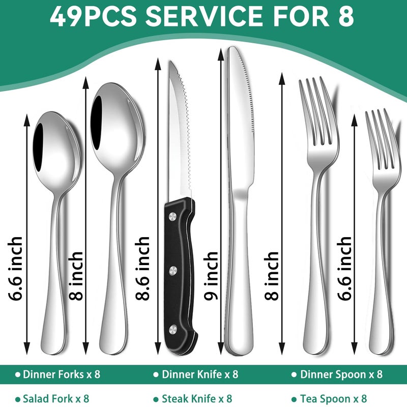 JUNLIN 49-Piece Silverware Set with Organizer, Stainless Steel Flatware Utensils Set for 8, Forks and Spoons Silverware Set Cutlery Set with Steak Knives, Dishwasher Safe - Image 2