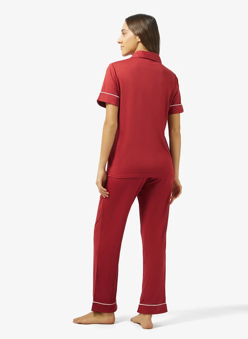 جينجر Button Up Shirt & Pyjama Set with Contrast Trim