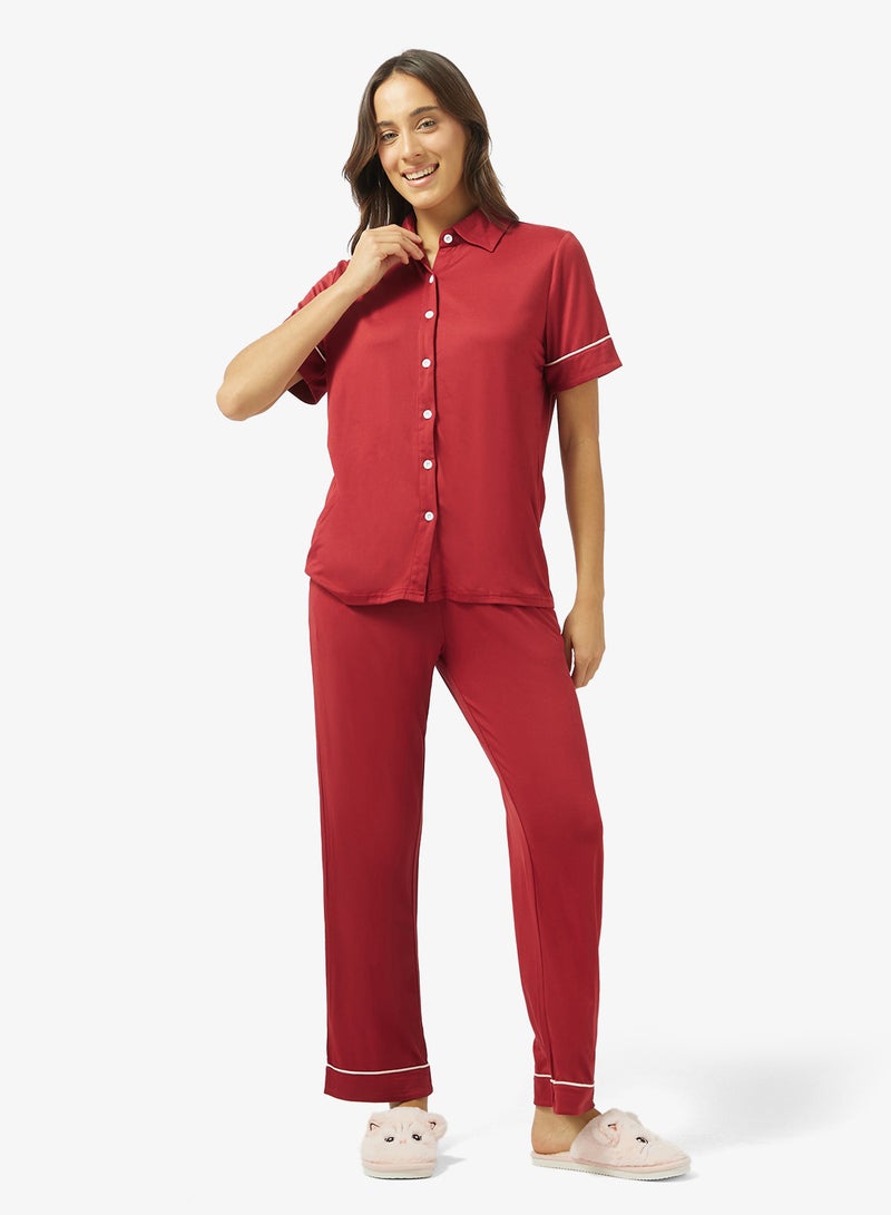 جينجر طقم قميص بيجاما بأزرار وزخرفة متباينة - Image 5